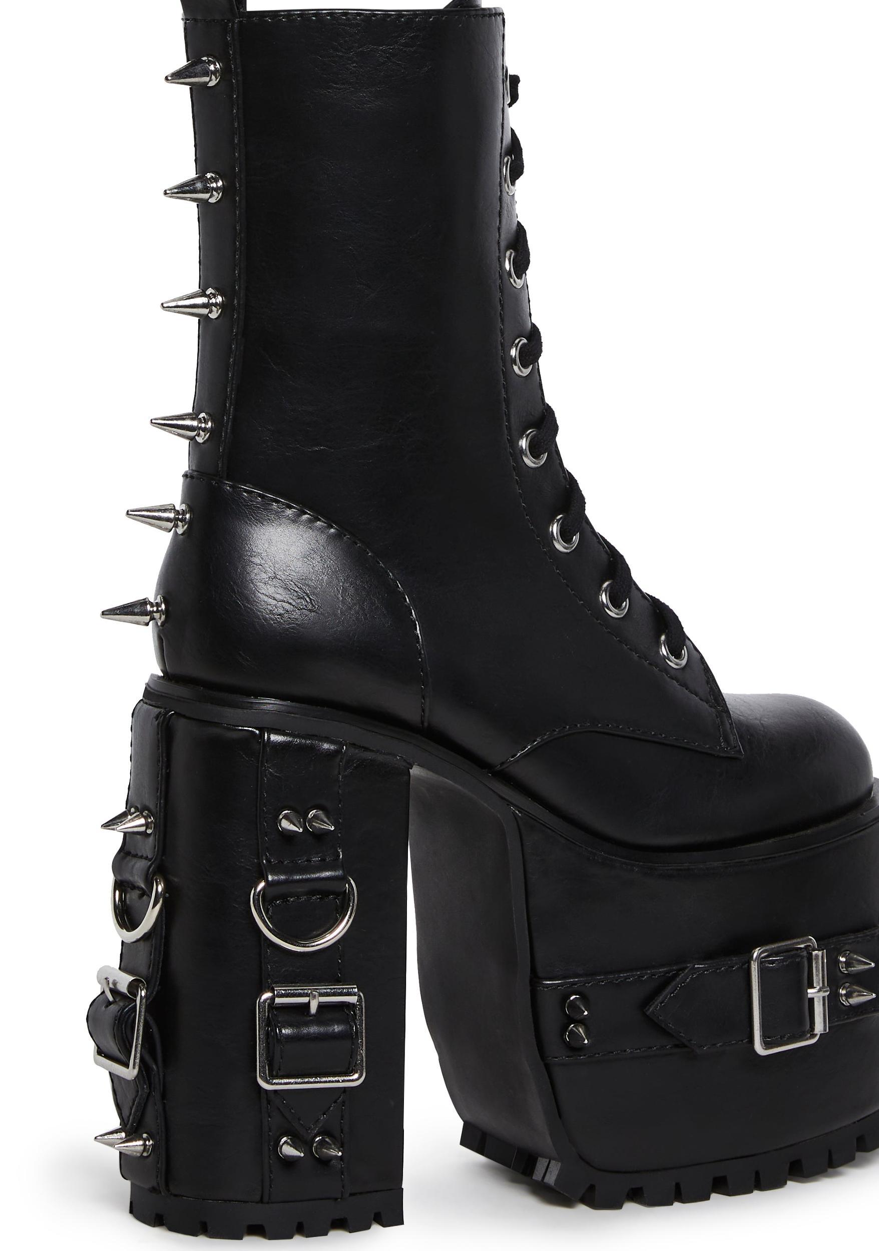 Spiked Buckle D-Ring Lace-Up Combat Boots Current Mood - Black Product Image