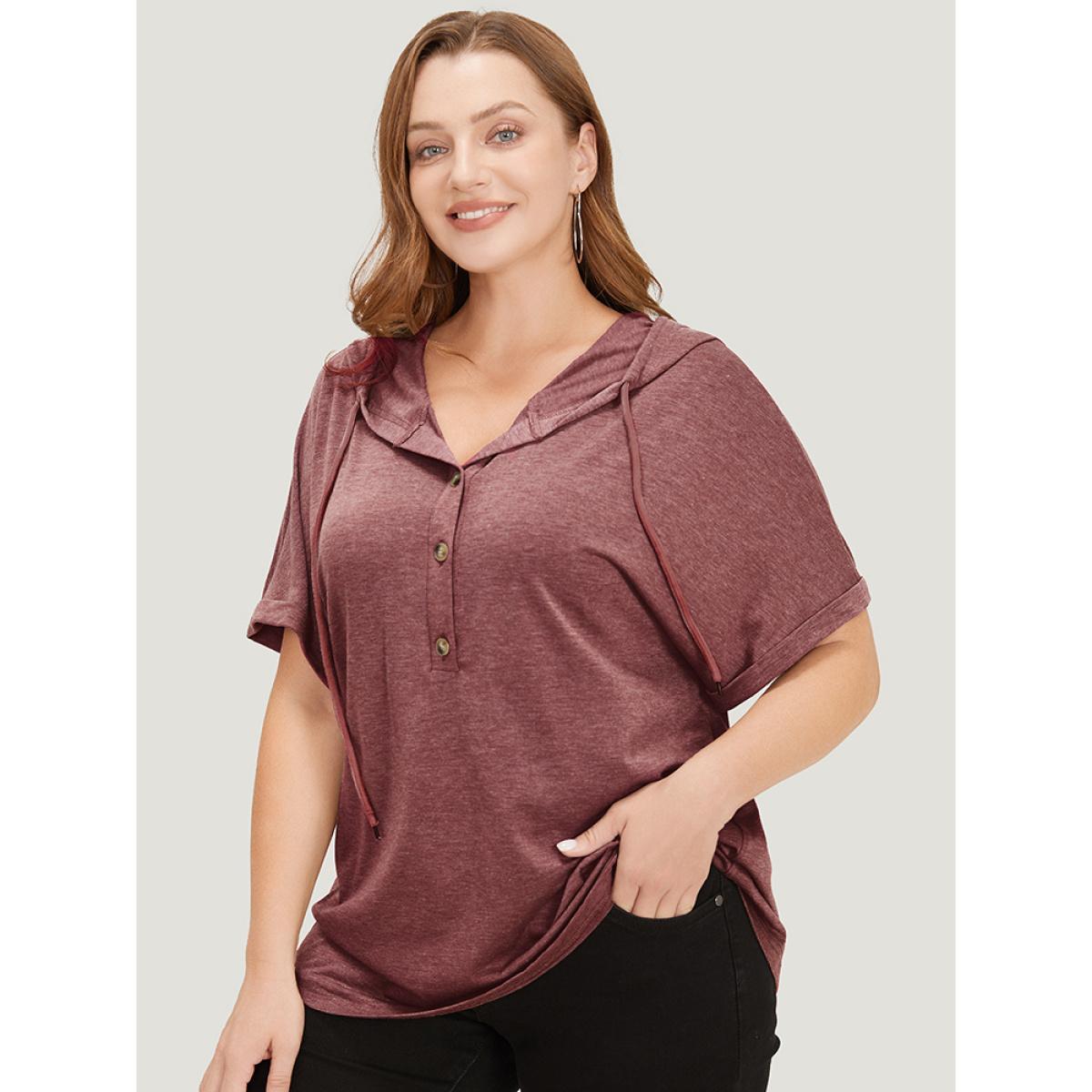 Plus Size Plain Drawstring Roll Sleeve Button Up Hooded T-shirt Russet Women Casual Drawstring Plain Hooded Everyday T-shirts BloomChic 22-24/3X Product Image