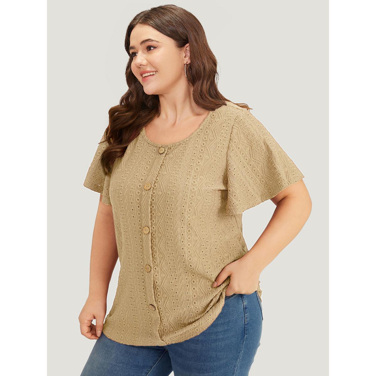 Plus Size Embroidered Button Detail Crew Neck Flutter Sleeve T-shirt Tan Women Elegant Texture Plain Round Neck Dailywear T-shirts BloomChic 26/4X Product Image