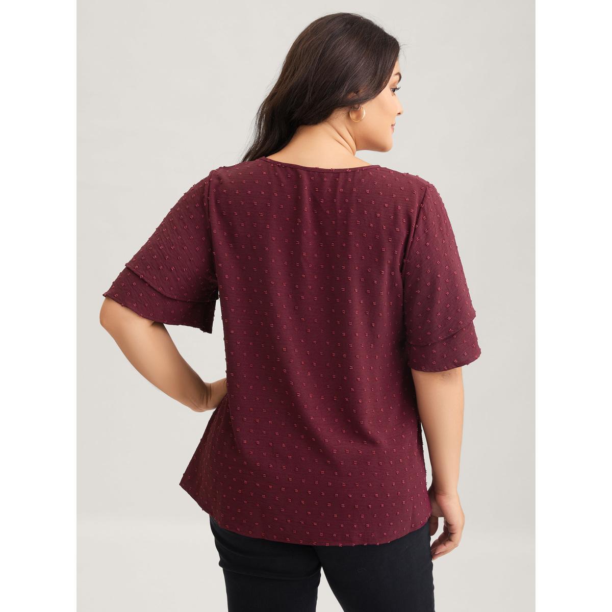 Plus Size Burgundy Plain Ruffle Tiered Sleeve V Neck Polka Dot Blouse Women Elegant Short sleeve V-neck Everyday Blouses BloomChic 10/M Product Image