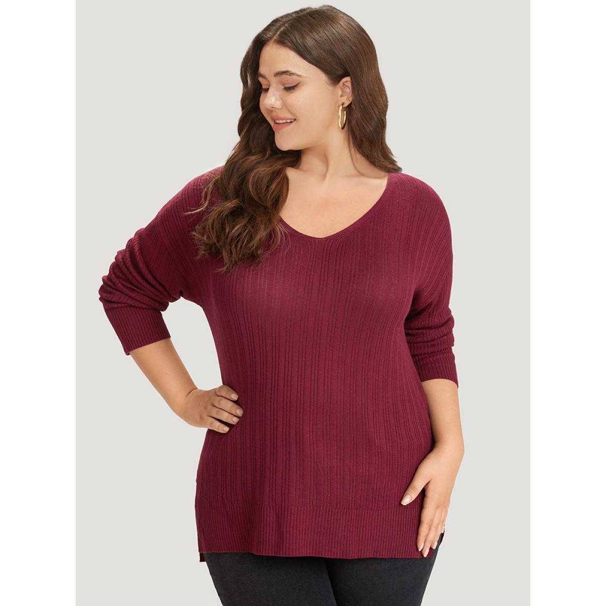 Plus Size Supersoft Essentials Plain Rib Knit Split Side Pullover Burgundy Women Casual Bodycon Long Sleeve Round Neck Dailywear Pullovers BloomChic 14-16/1X Product Image