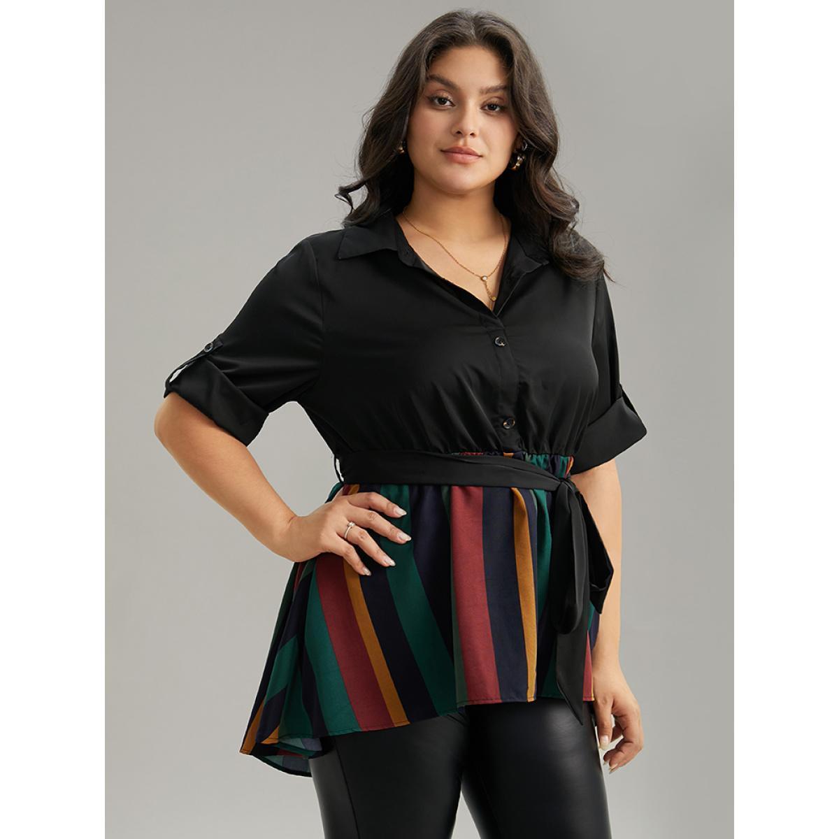 Plus Size Black Colour Striped Patchwork Belted Tab Sleeve Blouse Women Office Elbow-length sleeve Shirt collar Work Blouses BloomChic 18-20/2X Product Image