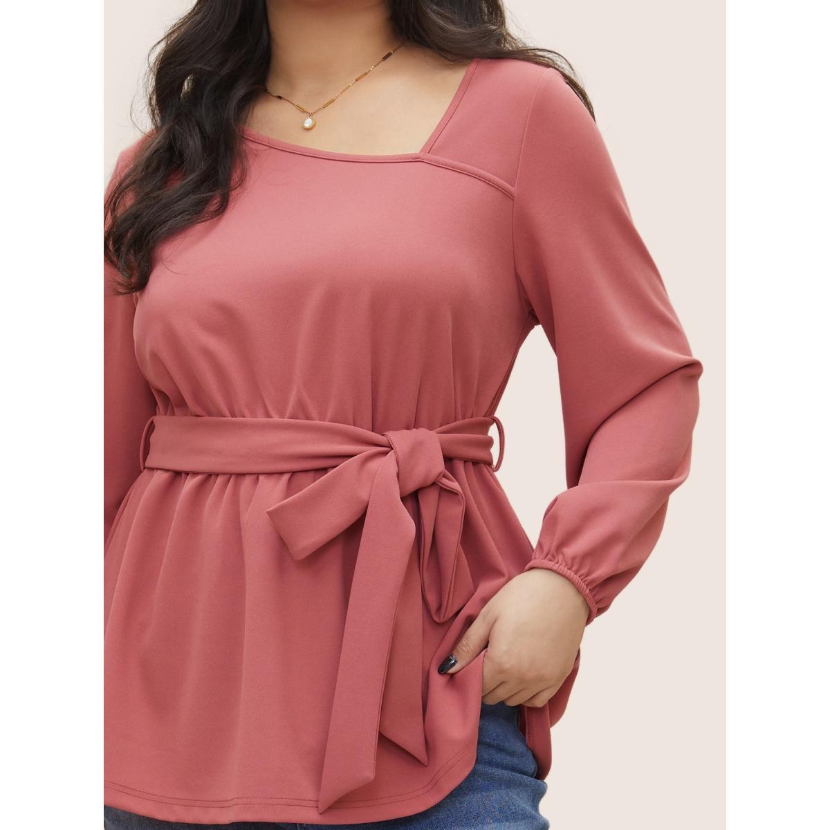 Plus Size DustyPink Asymmetrical Neck Belted Lantern Sleeve Blouse Women Work From Home Long Sleeve Asymmetrical Neck Work Blouses BloomChic 12/L Product Image