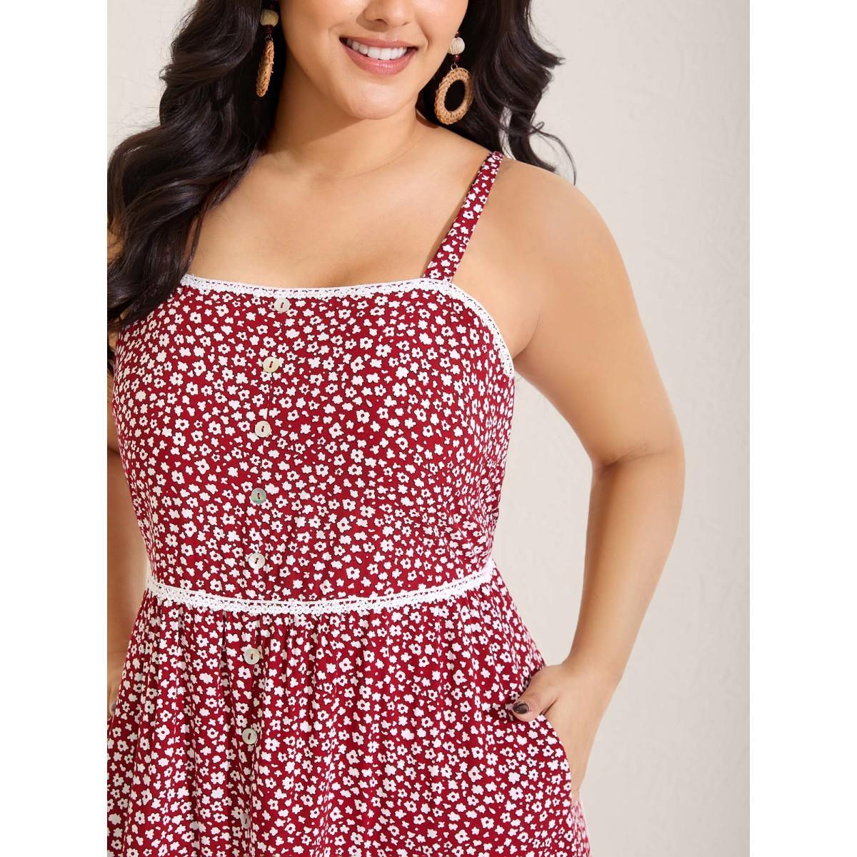 Plus Size Ditsy Floral Print Lace Trim Cami Dress Burgundy Women Square Neck Sleeveless Curvy BloomChic 18-20/2X Product Image