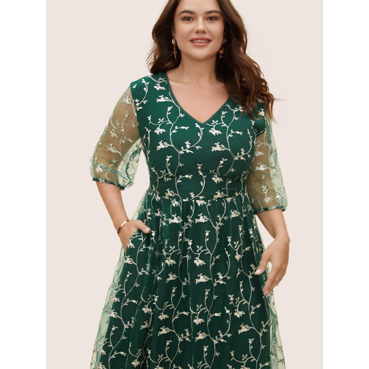 Plus Size Floral Embroidered Mesh Lantern Sleeve Dress DarkGreen Women Elegant Texture V-neck Half Sleeve Curvy BloomChic 12/L Product Image
