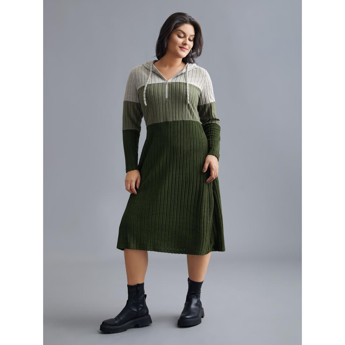 Plus Size Hooded Half Zip Pit Strip Knit Dress ArmyGreen Women Casual Contrast Hooded Long Sleeve Curvy BloomChic 26/4X Product Image