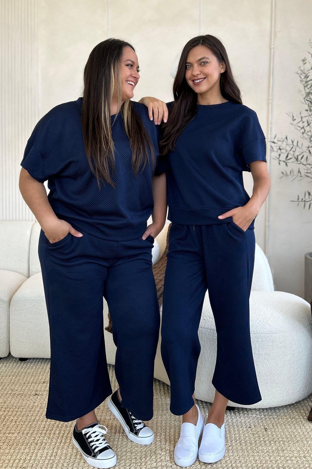 Double Take Full Size Texture Short Sleeve Top and Pants Set Product Image