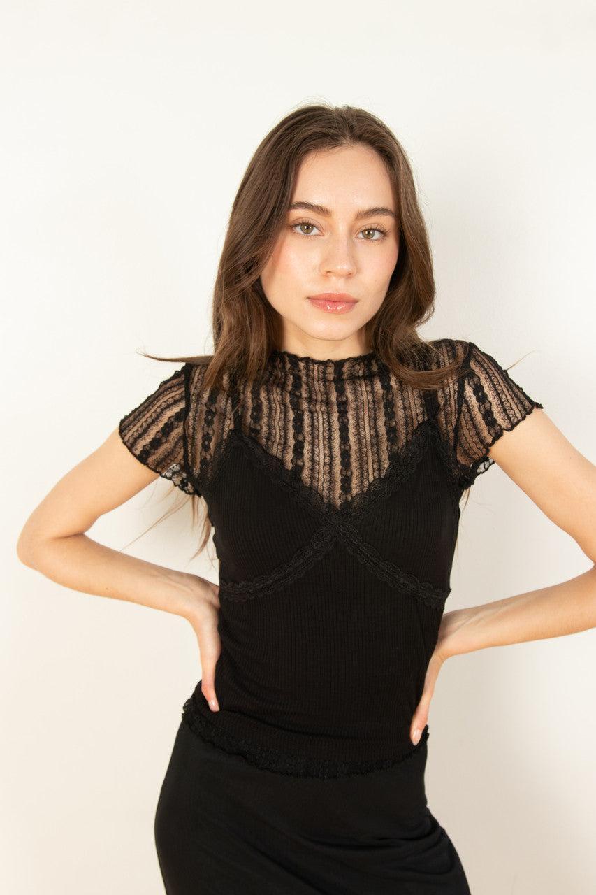 Black Lace Tee With Cami Set Product Image
