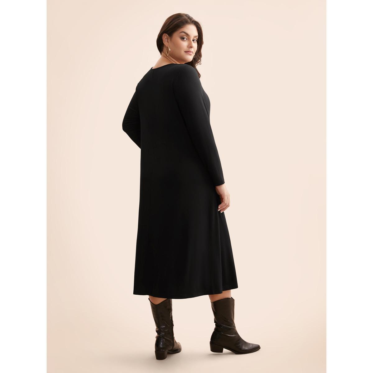Plus Size Crew Neck High Stretchy Knit Dress Black Women Casual Non Knit Dresses Bloomchic 28/5X Product Image