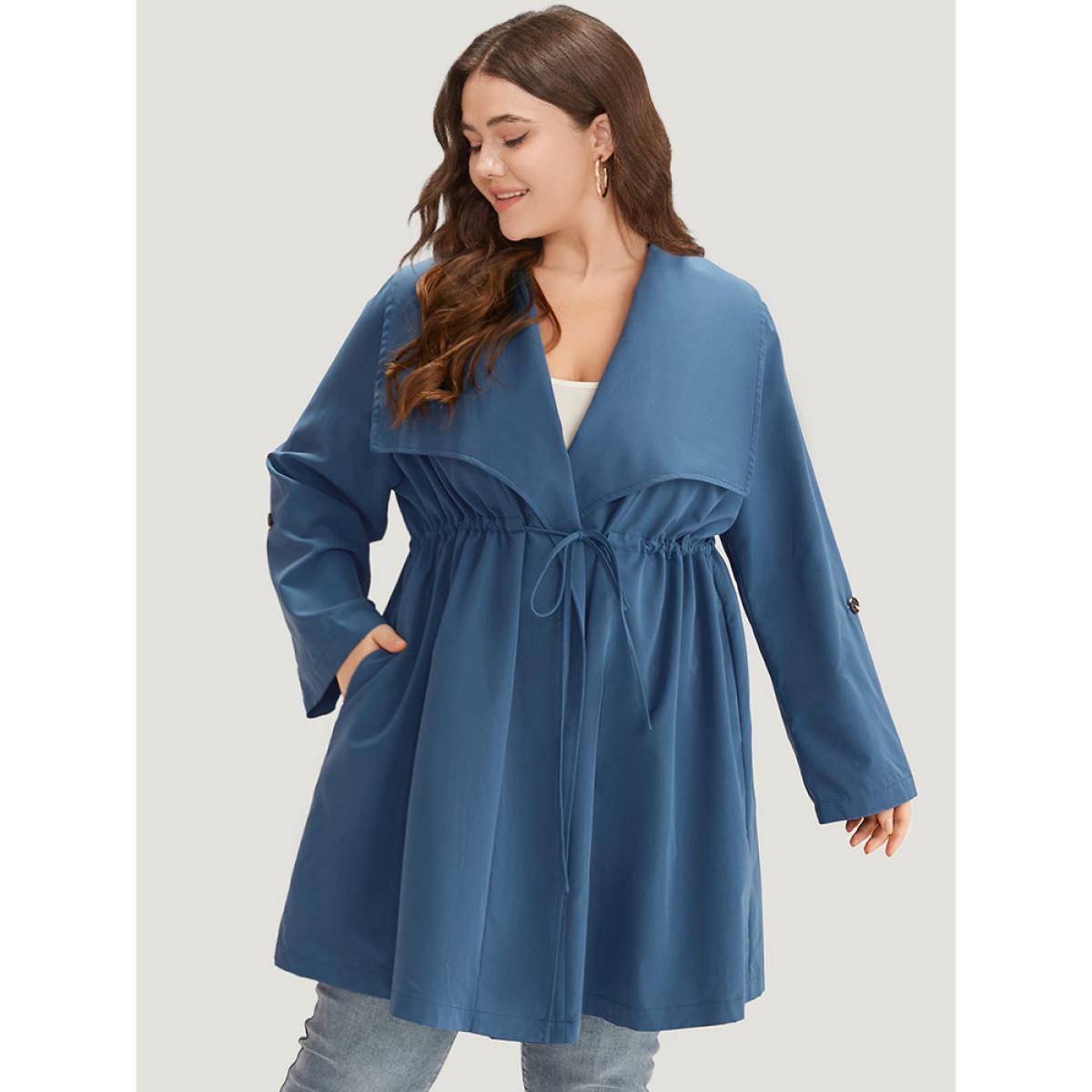 Plus Size Plain Drawstring Pocket Lapel Collar Tab Sleeve Coat Women DarkBlue Work Plain Plain 18-20/2X Pocket Work From Home Trench Coats BloomChic Product Image