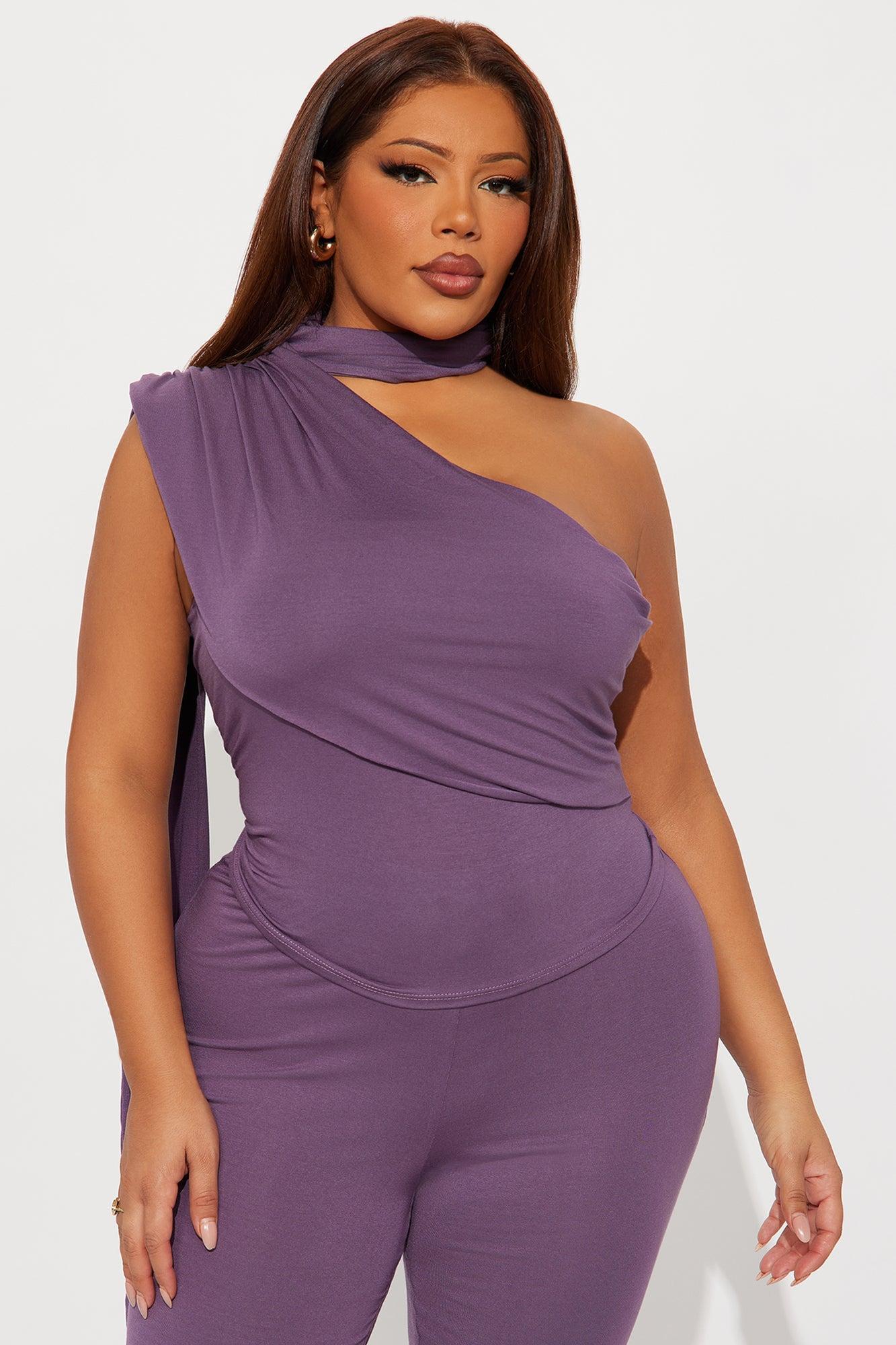 Talk To Me One Shoulder Scarf Top Pant Set - Purple Product Image