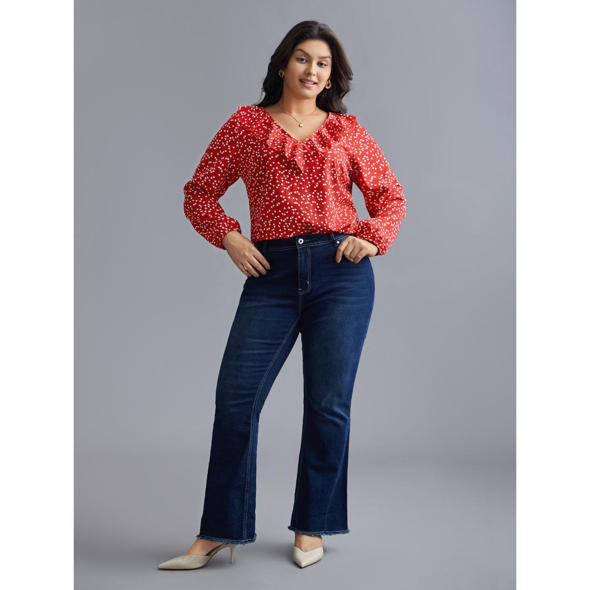 Plus Size Crimson V Neck Ruffle Heart Blouse Women Elegant Extra Long Sleeve V-neck Everyday Blouses BloomChic 26/4X Product Image