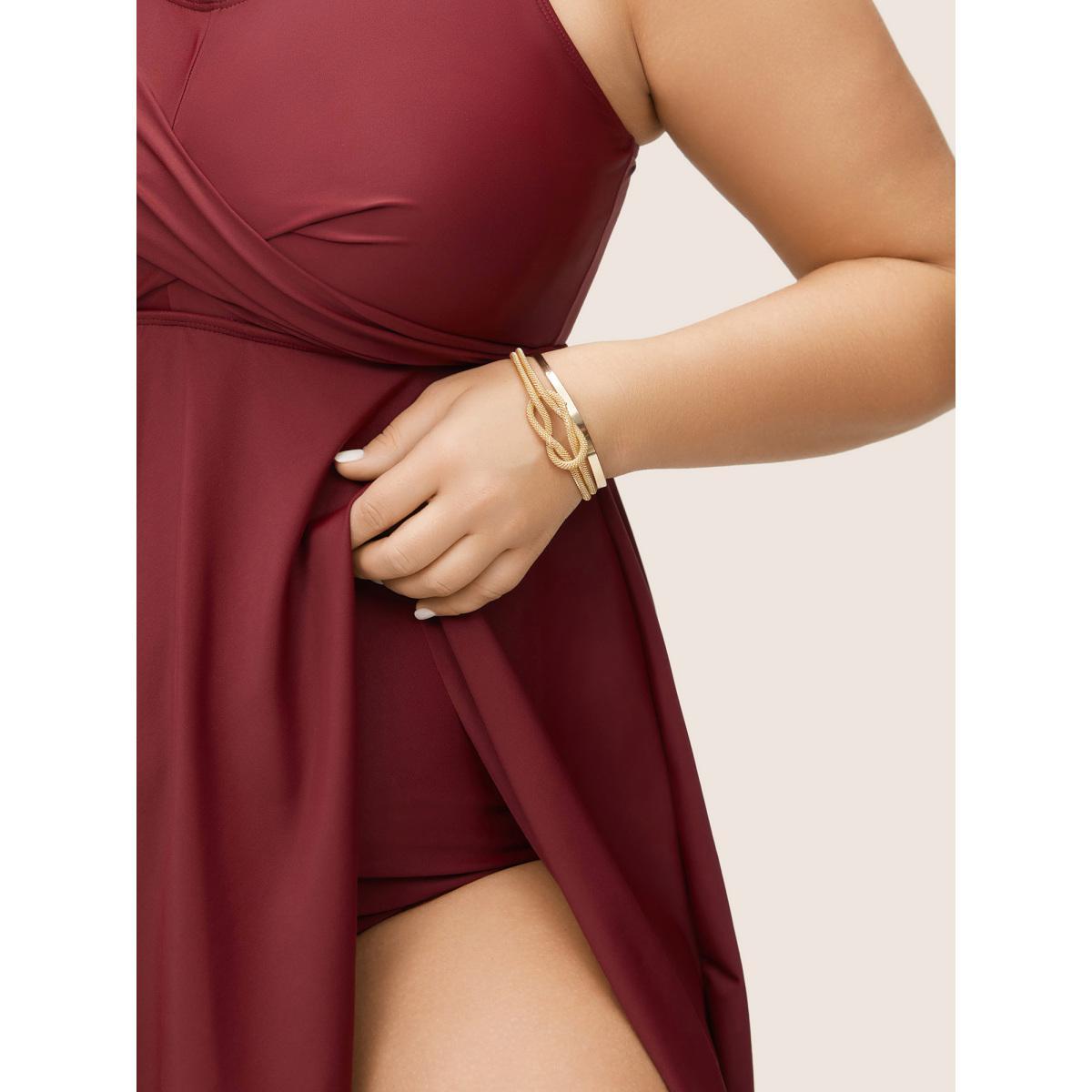 Plus Size Solid Crossover Adjustable Straps Split Hem Swim Dress Women's Swimwear Burgundy Beach Bodycon U-neck High stretch Curve Swim Dresses BloomChic 22-24/3X Product Image