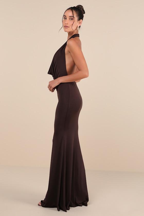 Eye-Catching Silhouette Dark Brown Cowl Neck Halter Maxi Dress Product Image