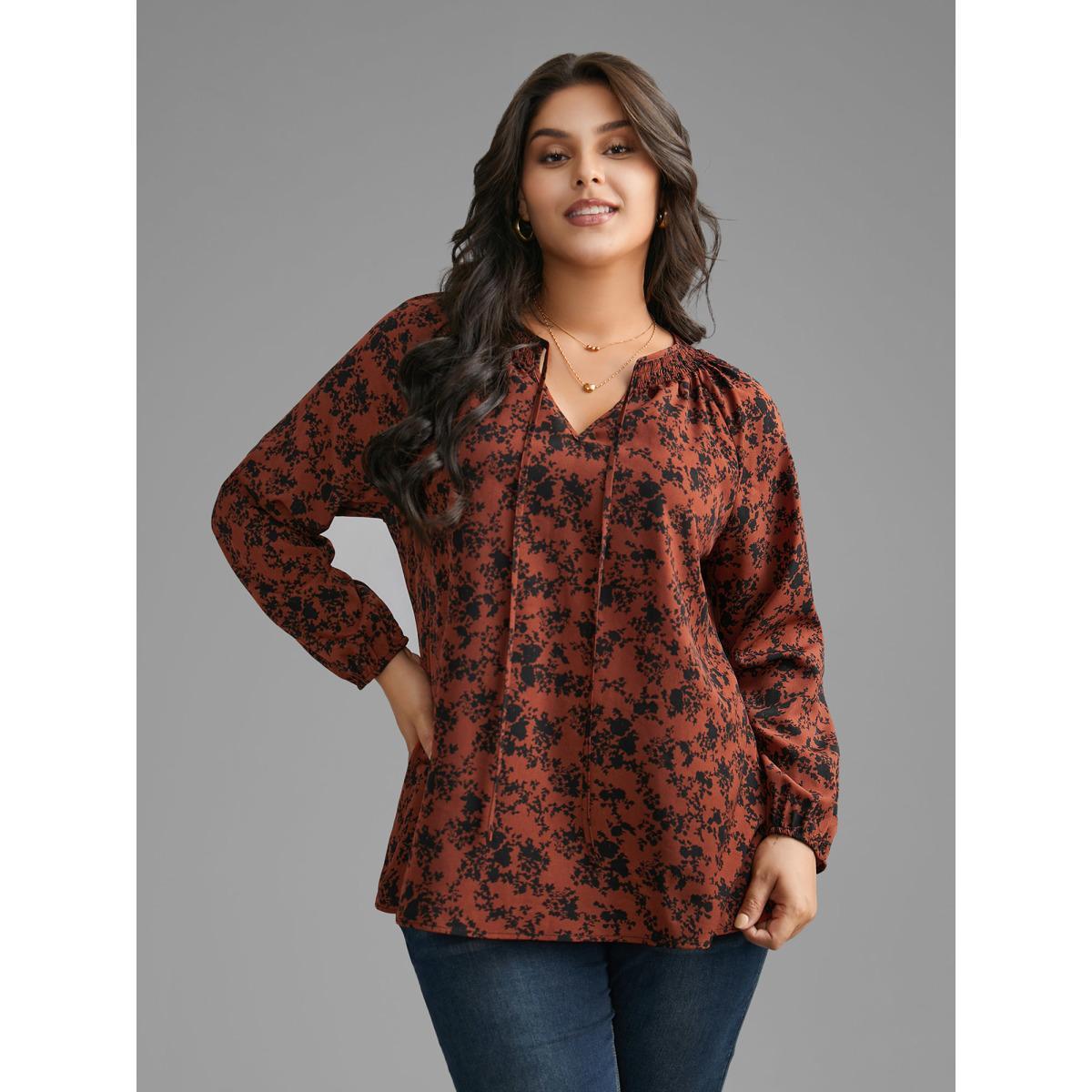 Plus Size Russet Silhouette Floral Print Shirred Gathered Blouse Women Elegant Long Sleeve Wrap collar Everyday Blouses BloomChic 12/L Product Image