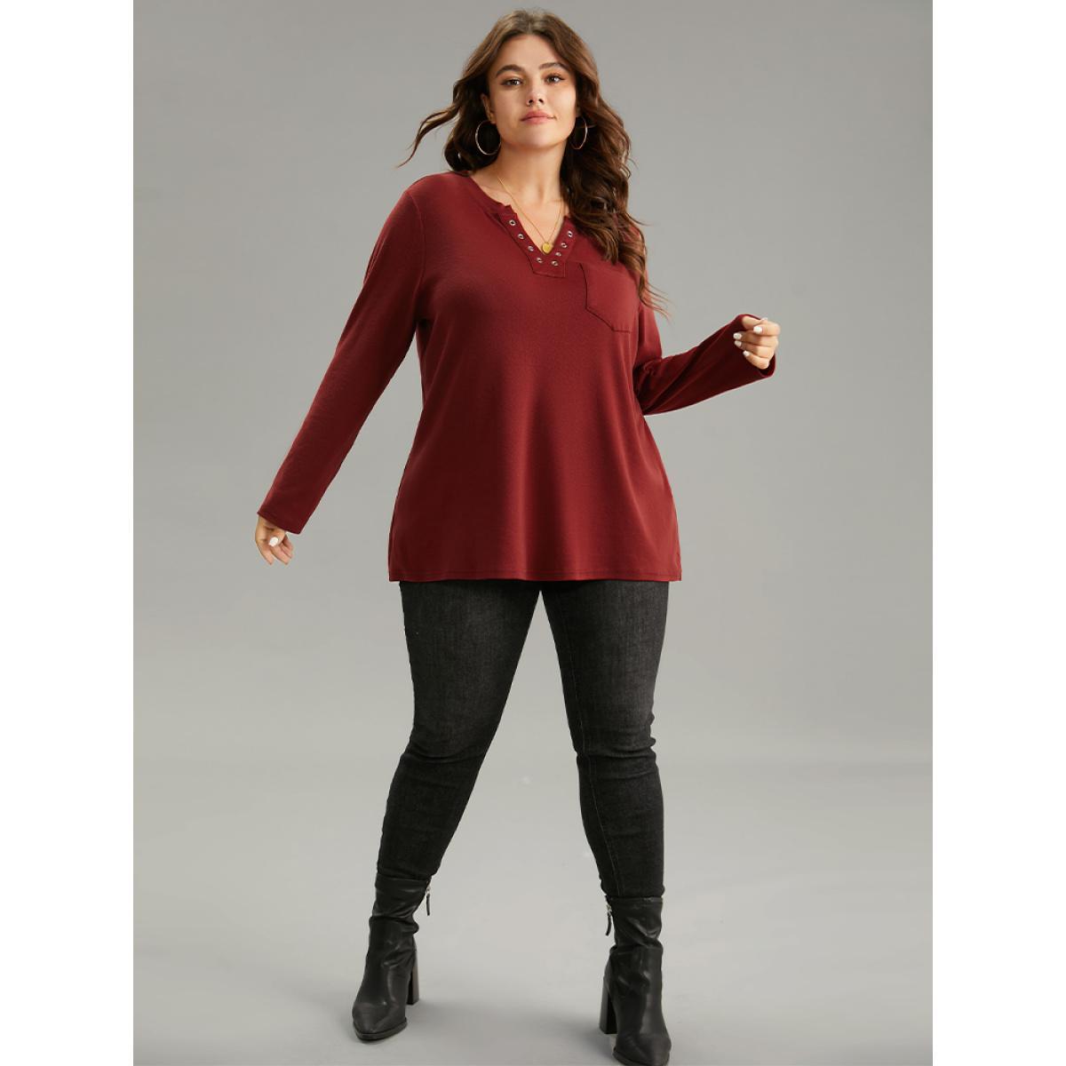 Plus Size Supersoft Essentials Solid Eyelets Notched T-shirt Scarlet Women Casual Plain Plain Notched collar Dailywear T-shirts BloomChic 14-16/1X Product Image