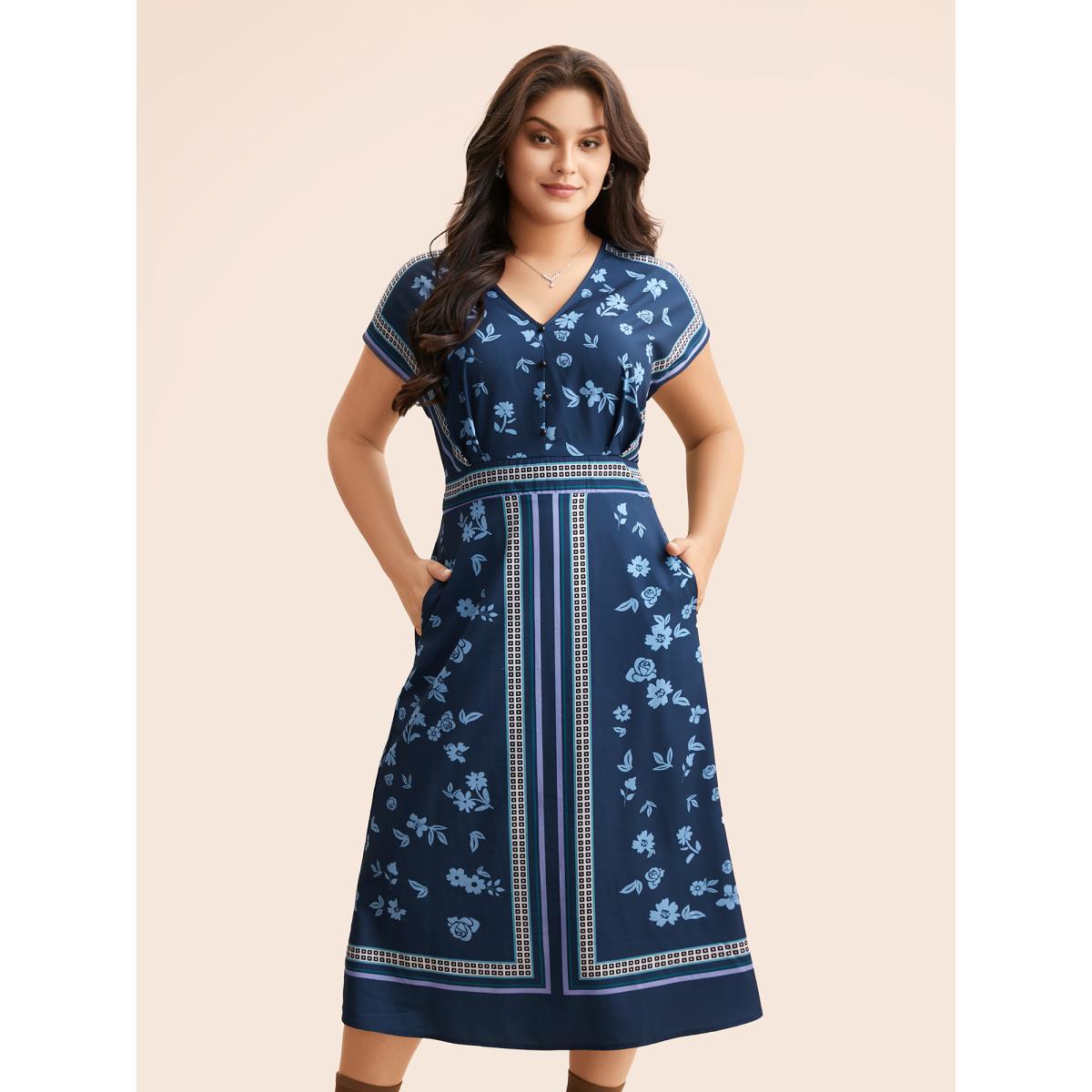 Plus Size Boho Print Shirred Dolman Sleeve Dress Navy Women Elegant Pleated V-neck Short sleeve Curvy BloomChic 26/4X Product Image