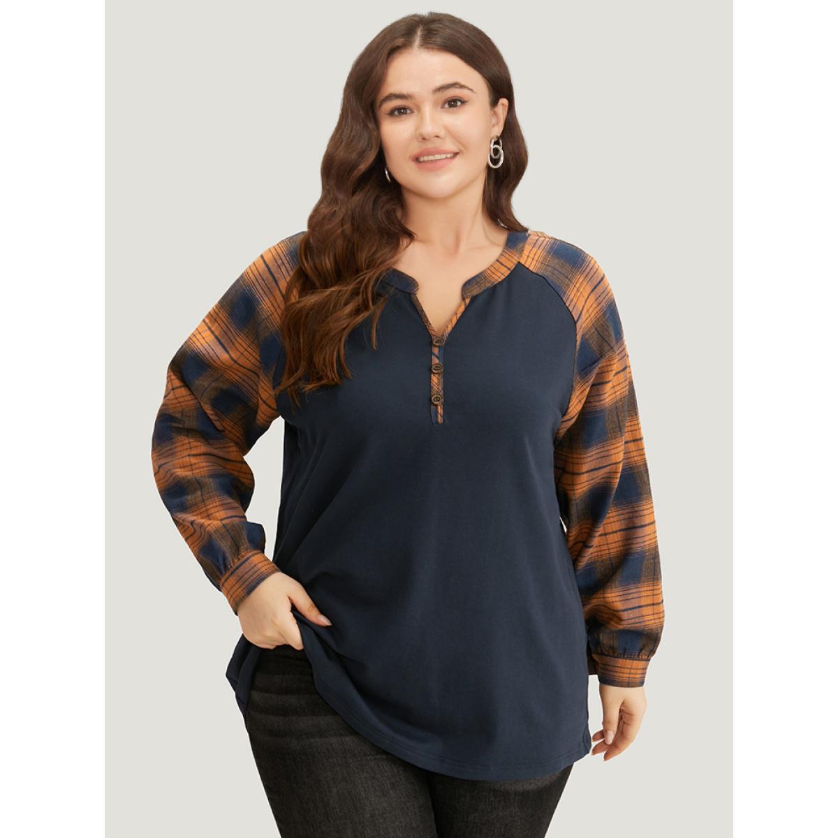 Plus Size Plaid Patchwork Notched Button Detail Sweatshirt Women Chocolate Casual Patchwork Notched collar Everyday Sweatshirts BloomChic 10/M Product Image