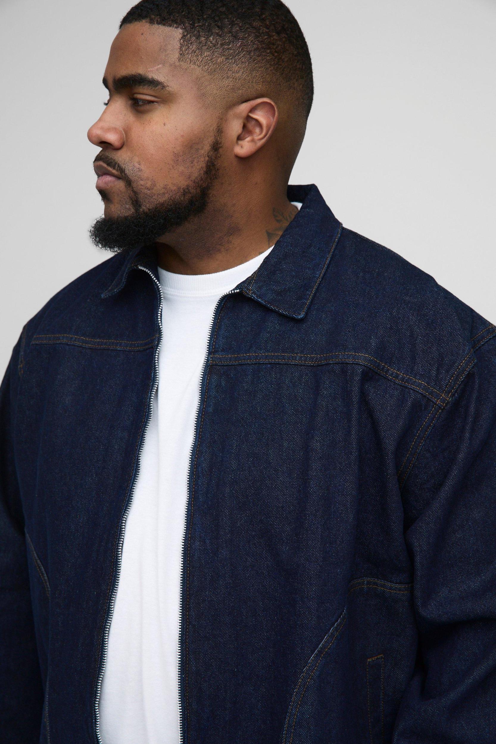 Plus Boxy Contrast Stitch Jean Jacket | boohooMAN USA Product Image