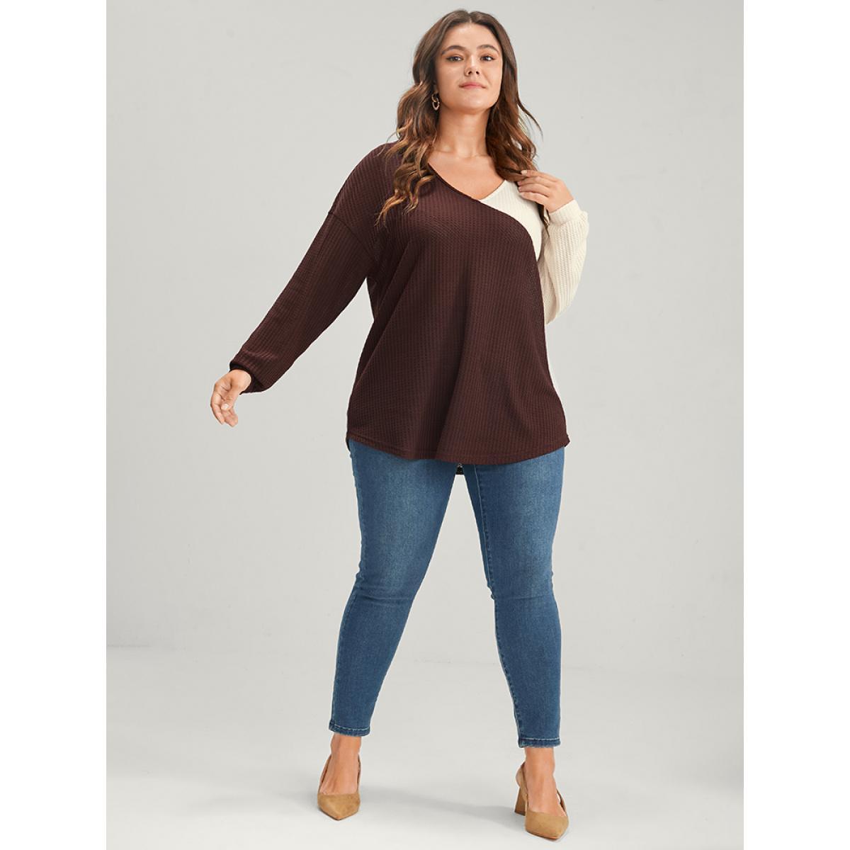 Plus Size Colorblock Contrast V Neck Waffle Knit Sweatshirt Women Burgundy Elegant Patchwork V-neck Dailywear Sweatshirts BloomChic 28/5X Product Image