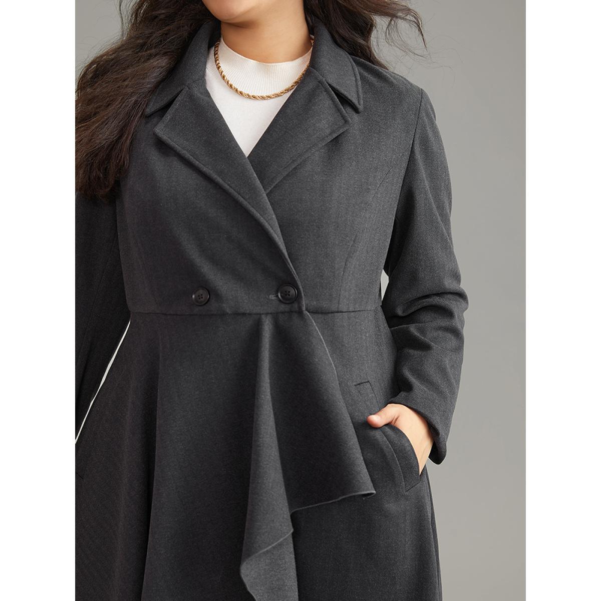 Plus Size Woolen Solid Button Up Ruffle Trim Coat Women Gray Elegant Asymmetrical Ladies Dailywear Winter Coats BloomChic 10/M Product Image