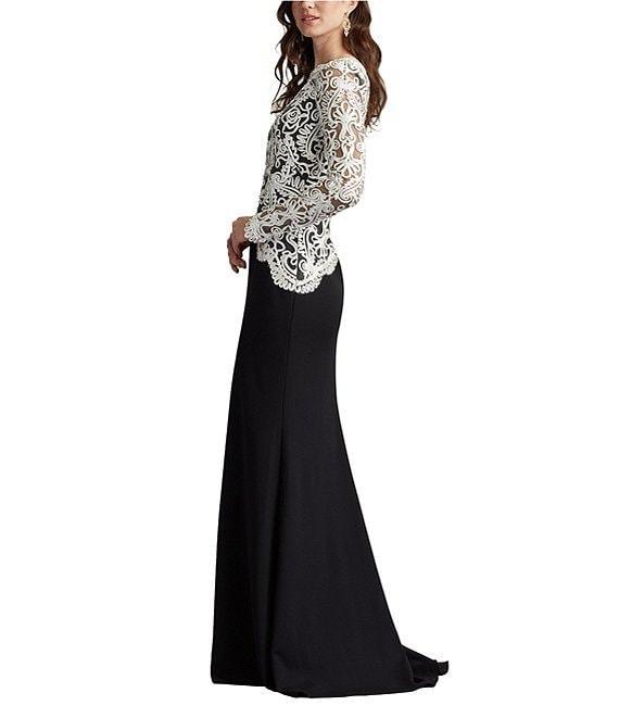 Tadashi Shoji Long Sleeve Boast Neck Asymmetrical Lace Gown Product Image
