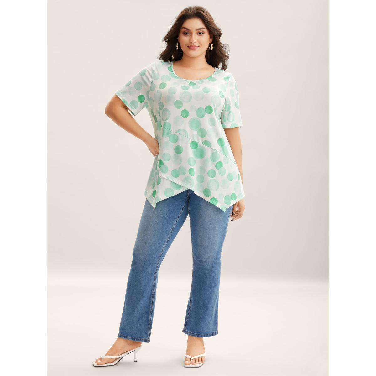 Plus Size Supersoft Stretchy Polka Dots T-Shirt Multicolor Women Overlapping Round Neck Everyday-Elegant T-shirts BloomChic 10/M Product Image