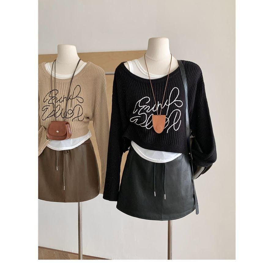 Set: Long-Sleeve Crewneck Lettering Crop Knit Top + Tank Top Product Image