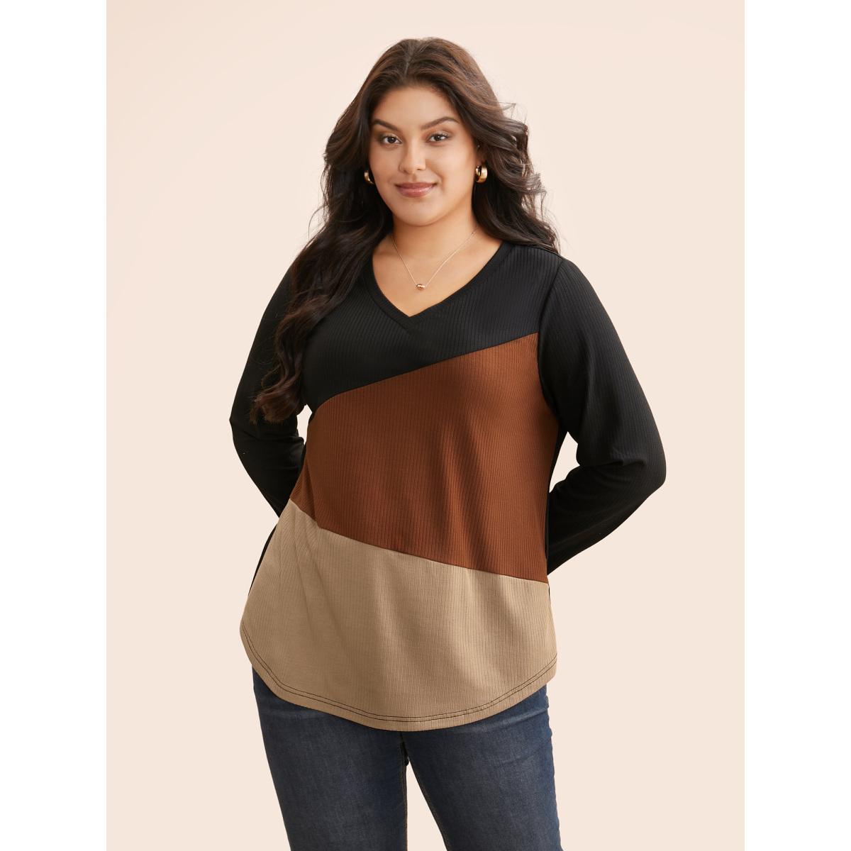 Plus Size V Neck Contrast Patchwork Rib Knit T-shirt Multicolor Women Casual Contrast V-neck Everyday T-shirts BloomChic 22-24/3X Product Image