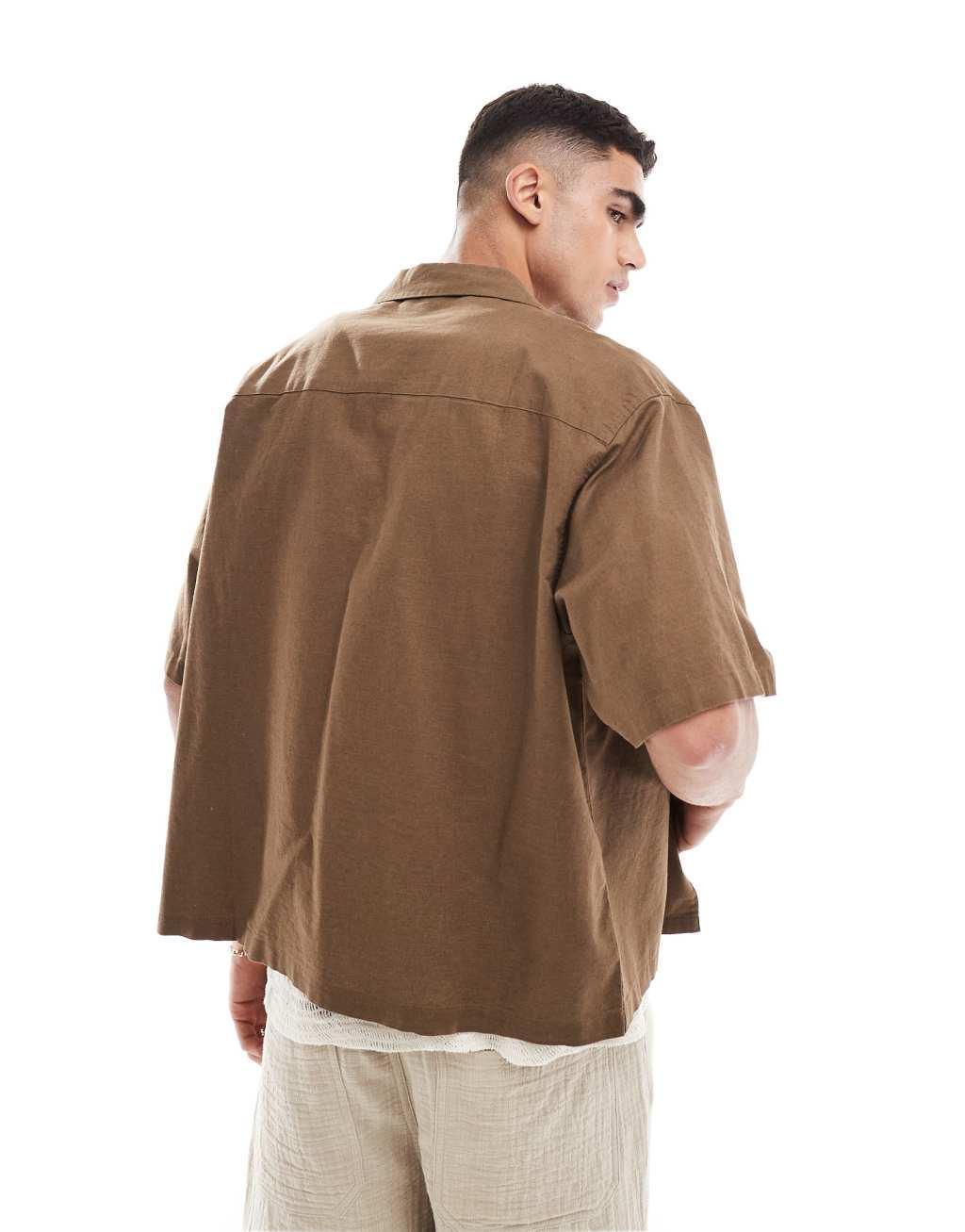 ASOS DESIGN boxy oversized linen blend shirt with camp collar in brown Product Image