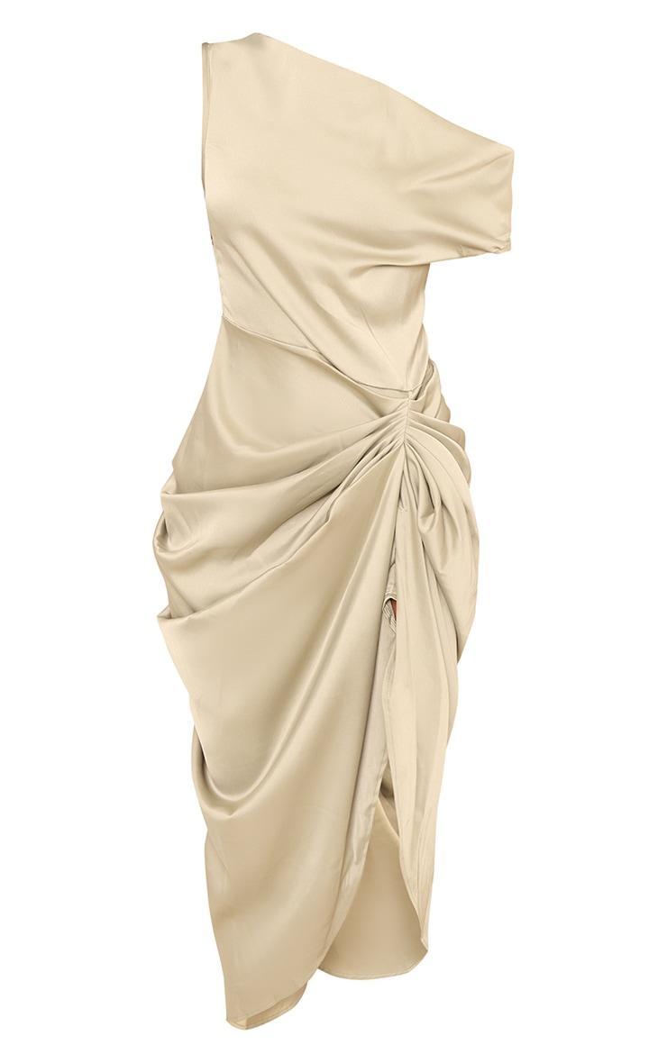 Sage Green Satin Off The Shoulder Draped Skirt Midi Dress Product Image