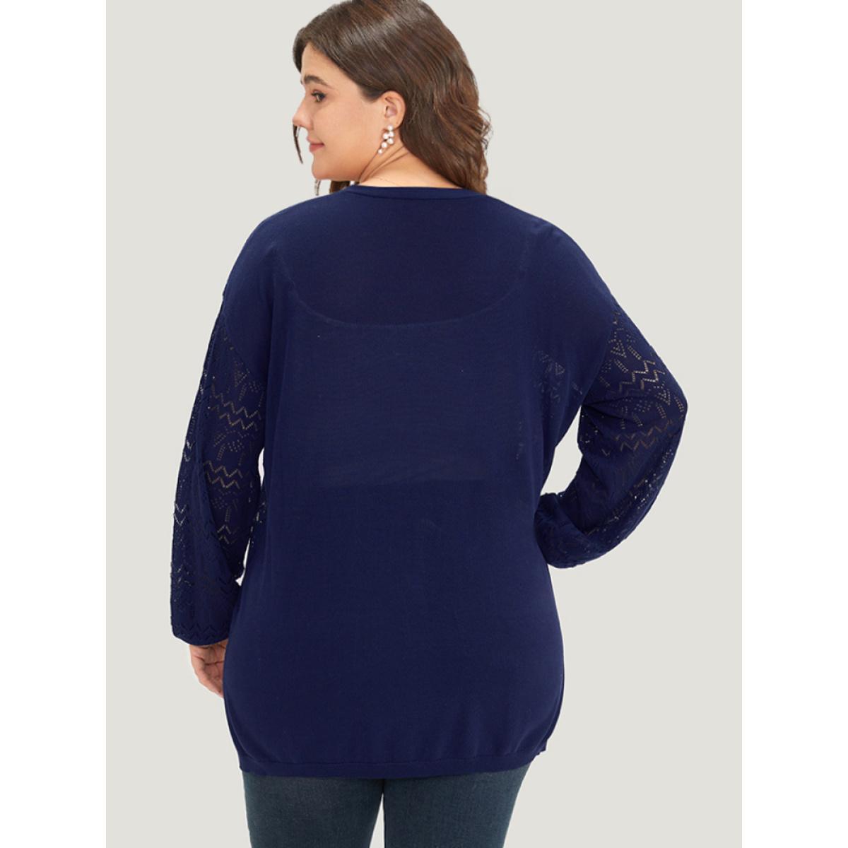 Plus Size Plain Pocket Hollow Out Button Through Cardigan Indigo Women Casual Long Sleeve Dailywear Cardigans BloomChic 12/L Product Image