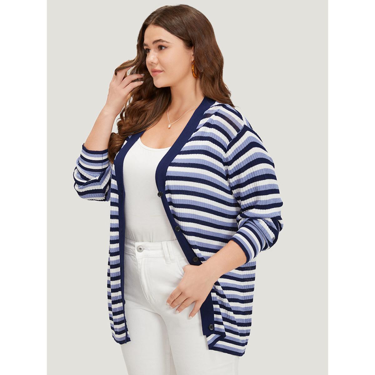 Plus Size Contrast Striped Rib Knit Button Through Cardigan Indigo Women Casual Loose Long Sleeve Dailywear Cardigans BloomChic 26/4X Product Image