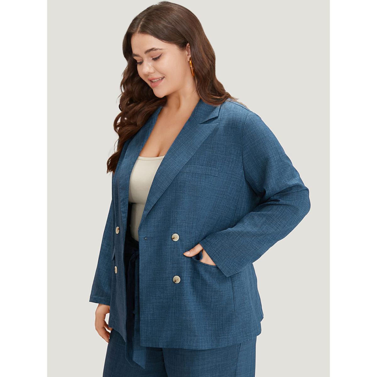 Plus Size Solid Double Breasted Suit Collar Flap Pocket Blazer Indigo Women Work Plain Texture Sleeve Long Sleeve Suit Collar 12/L Pocket At the Office Blazers BloomChic Product Image
