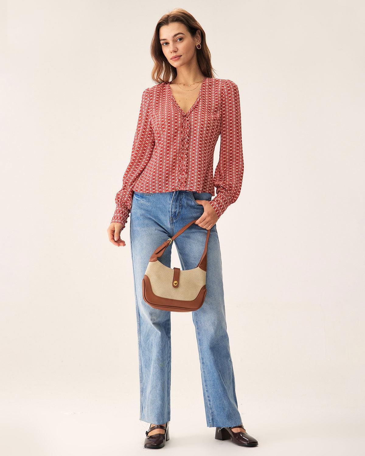 Red Floral V Neck Blouse Product Image