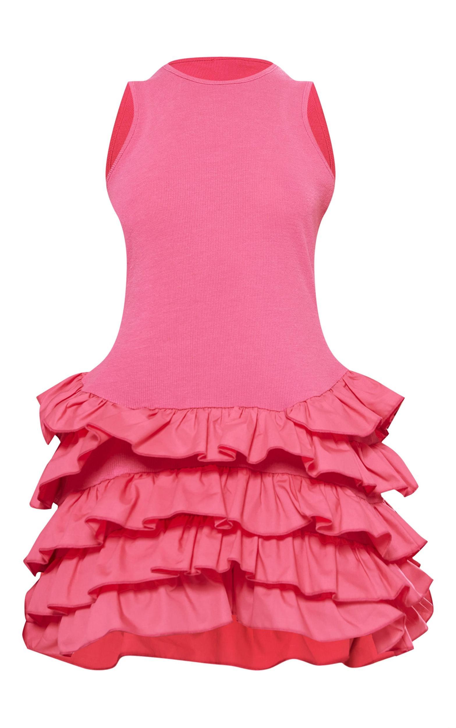 Petite Pink Sleeveless Frill Detail Shift Micro Mini Dress Product Image