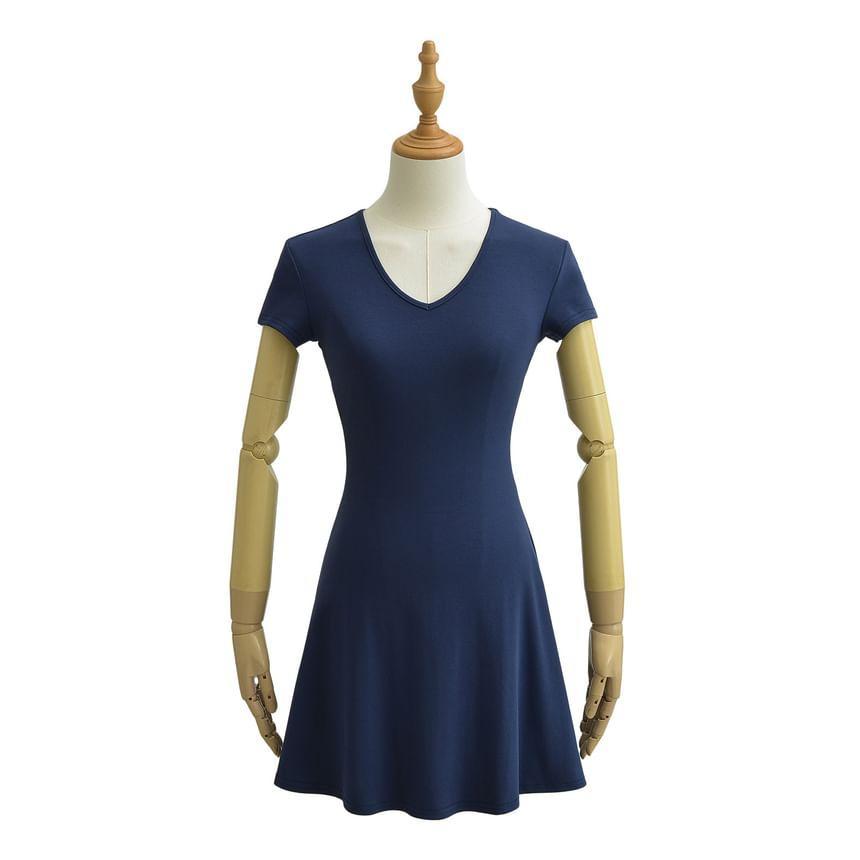 Short Sleeve V-Neck Plain Mini A-Line Dress Product Image