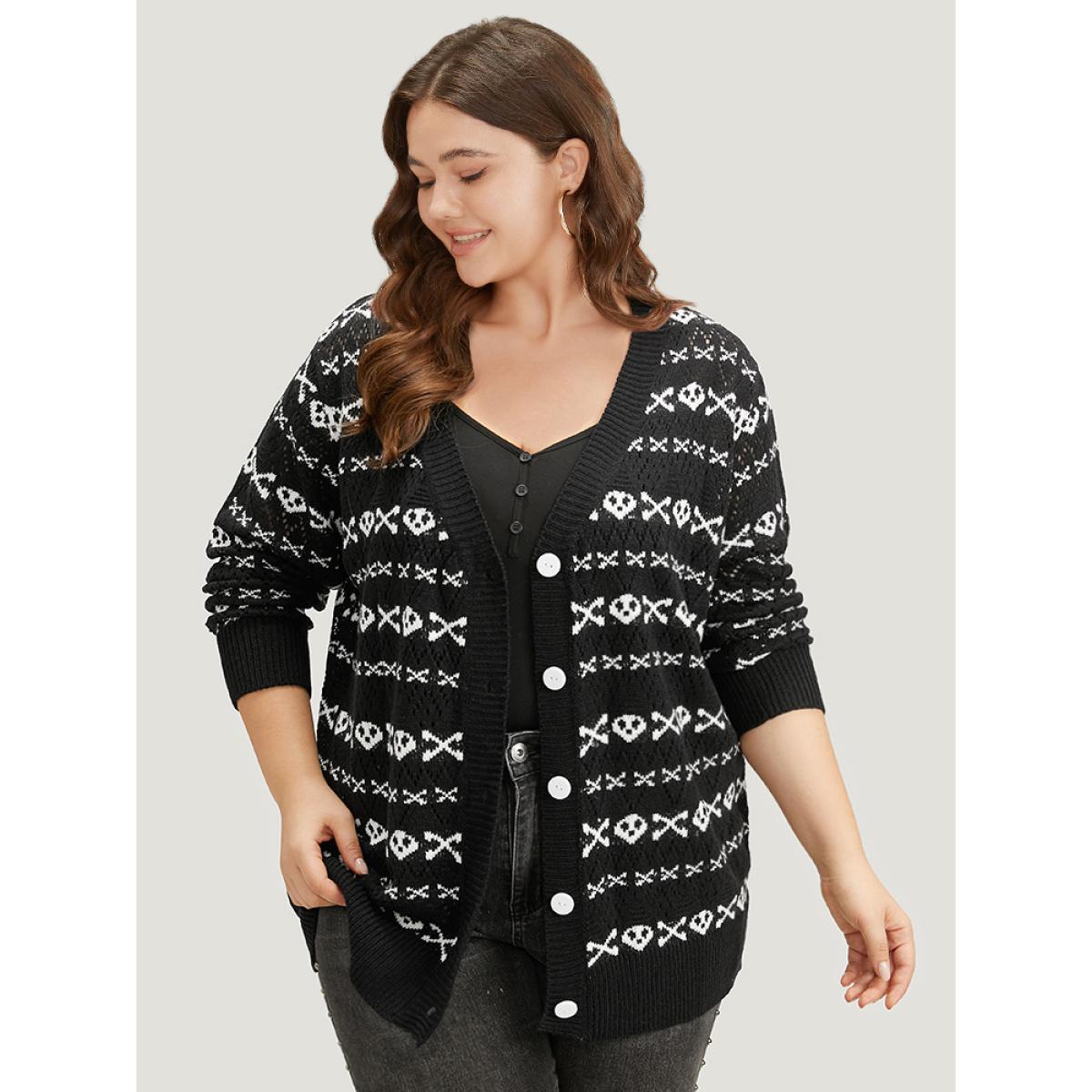 Plus Size Halloween Graphic Striped Button Up Cardigan Black Women Casual Loose Long Sleeve Festival-Halloween Cardigans BloomChic 28/5X Product Image