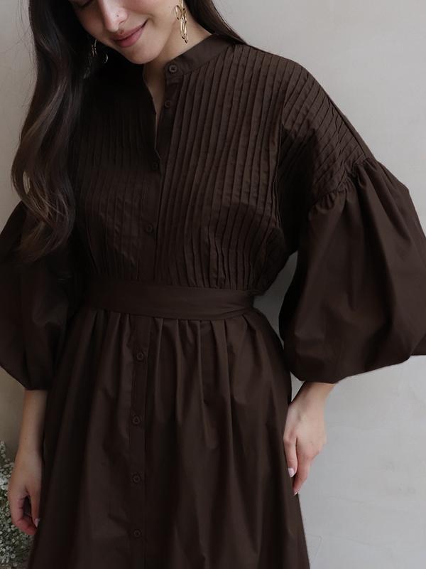 Half Sleeves Loose Buttoned Pleated Solid Color Tied Waist Stand Collar Maxi Dresses Product Image