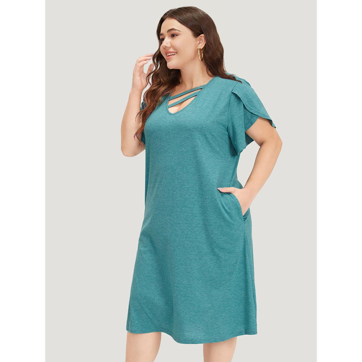 Plus Size Supersoft Essentials Solid Pocket Keyhole Petal Sleeve Dress Cerulean Women Casual Plain V-neck Short sleeve Curvy Midi Dress BloomChic 12/L Product Image