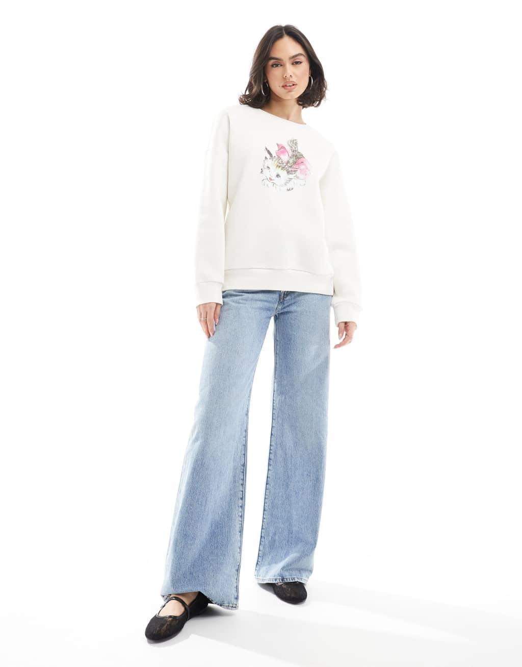 Miss Selfridge oversized cute cat bow sweatshirt Product Image