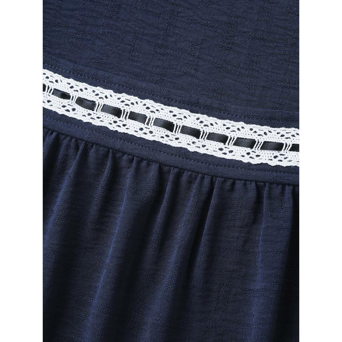 Plus Size Indigo Square Neck Lace Pleated Blouse Women Short sleeve Square Neck Everyday-Elegant Blouses BloomChic 28/5X Product Image