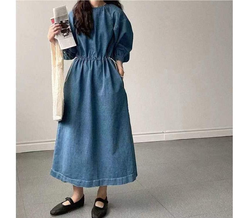 Puff-Sleeve Crew Neck Denim Midi A-Line Dress Product Image