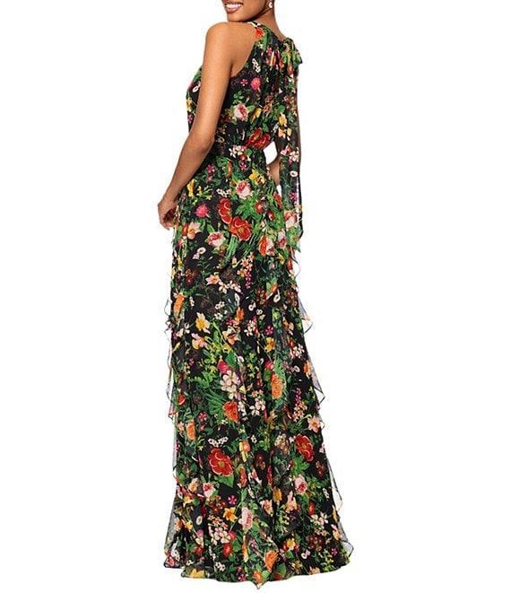 Betsy & Adam Chiffon Floral Print Halter Neck Sleeveless Ruffle A-Line Maxi Dress Product Image