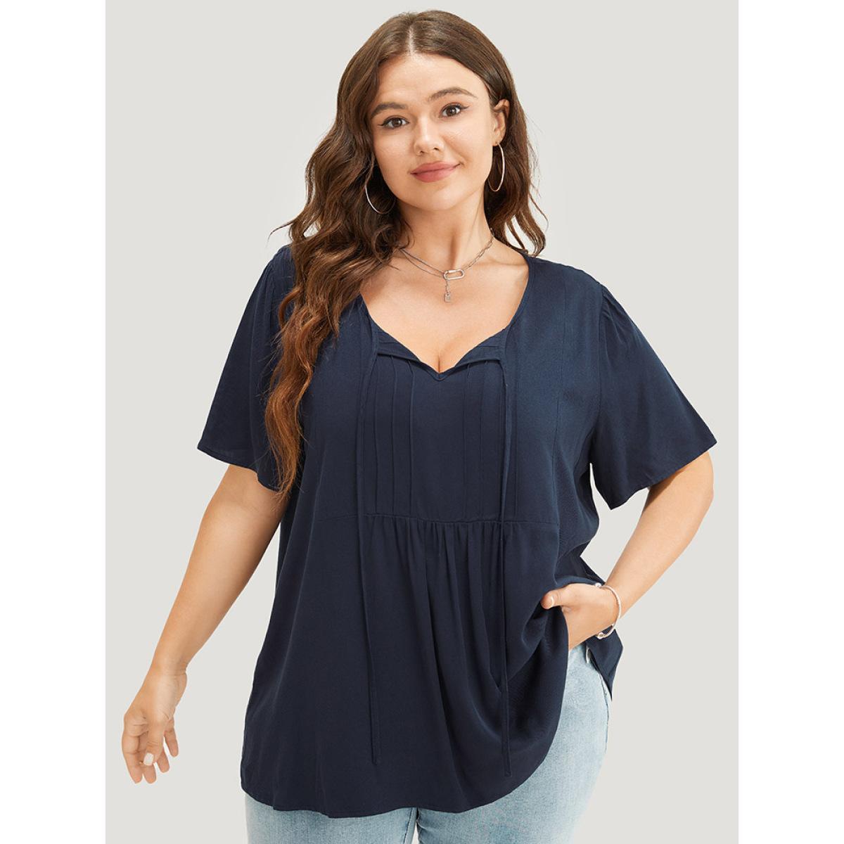 Plus Size Indigo Solid Pleated Detail Tie Neck Ruffle Blouse Women Office Short sleeve Tie Neck Dailywear Blouses BloomChic 22-24/3X Product Image