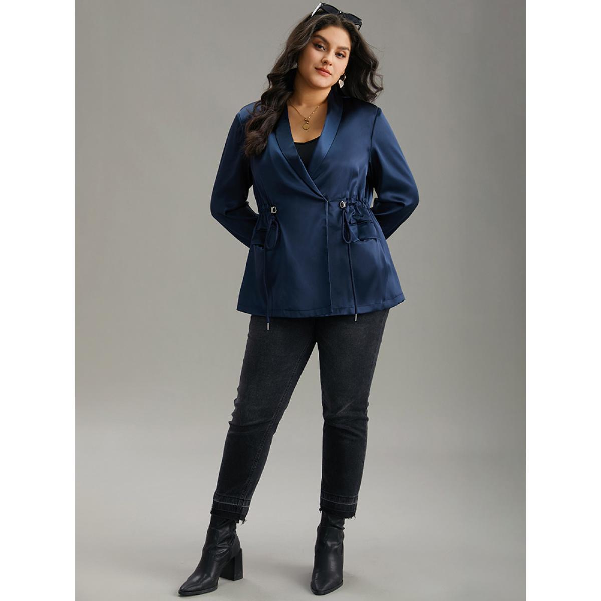 Plus Size Suit Collar Flap Pocket Drawstring Ties Blazer DarkBlue Women Work Plain Plain Sleeve Long Sleeve Suit Collar 30/6X Pocket Work From Home Blazers BloomChic Product Image