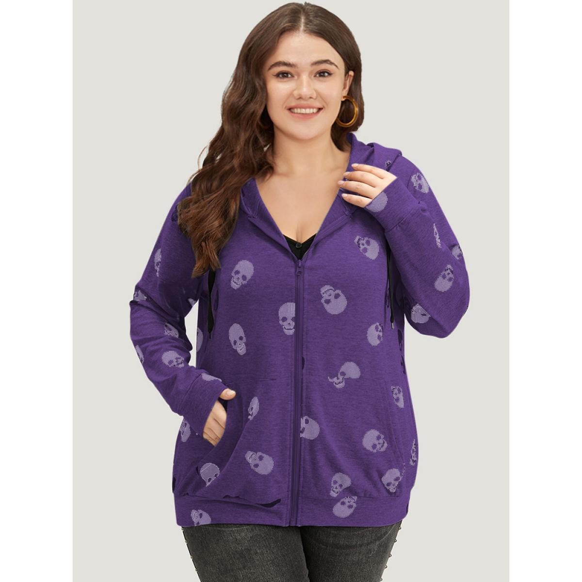 Plus Size Halloween Skull Print Pocket Zipper Hooded Sweatshirt Women Purple Casual Elastic cuffs Hooded Festival-Halloween Sweatshirts BloomChic 22-24/3X Product Image