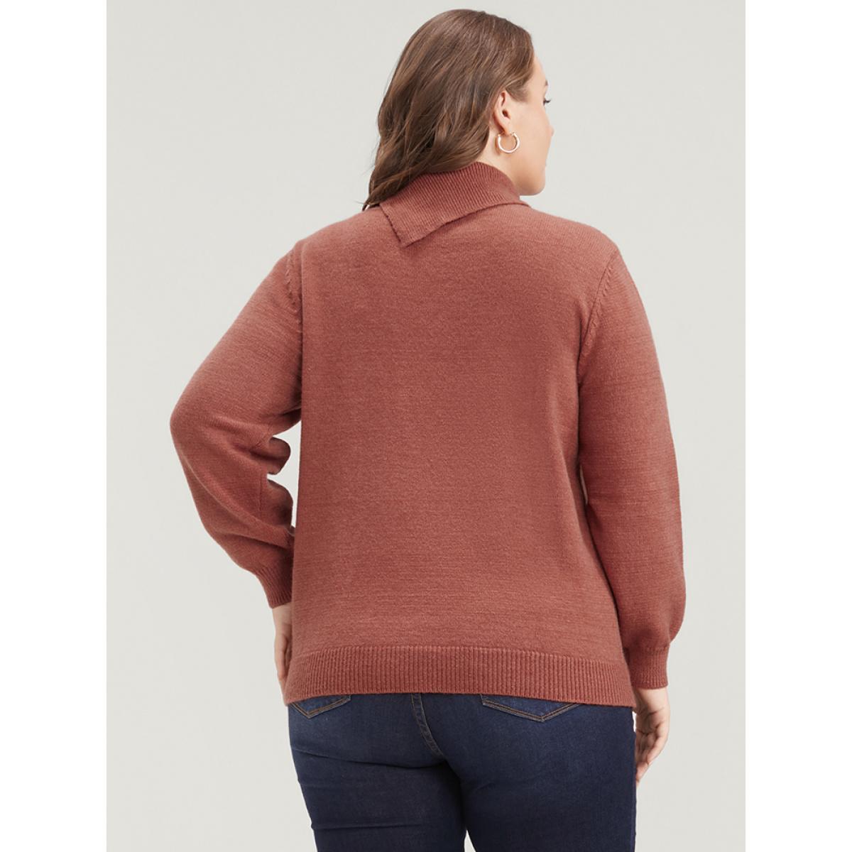 Plus Size Solid Super Soft Plush Knit Button Detail Asymmetrical Knit Top Rust Women Casual Loose Long Sleeve Dailywear Pullovers BloomChic 30/6X Product Image