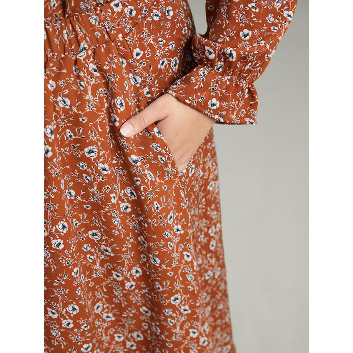 Plus Size Ditsy Floral Pocket Elastic Waist Skirt Women Rust Elegant Elastic Waist No stretch Pocket Everyday Skirts BloomChic 28/5X Product Image