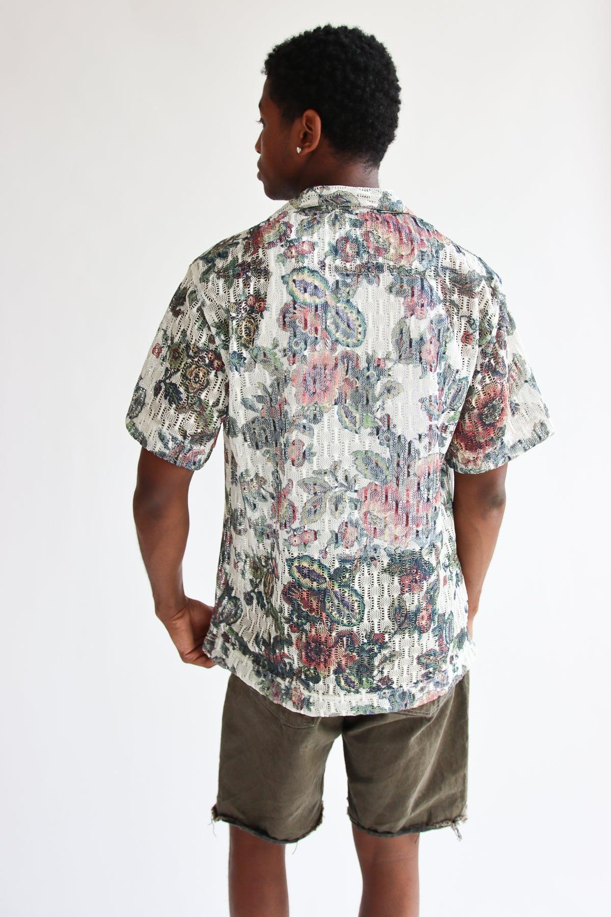 Printed Floral Open Knit Button Up Shirt Product Image